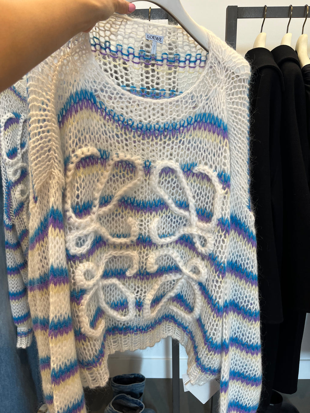 Loewe Anagram Open-Knit Mohair Sweater — Striped (S)